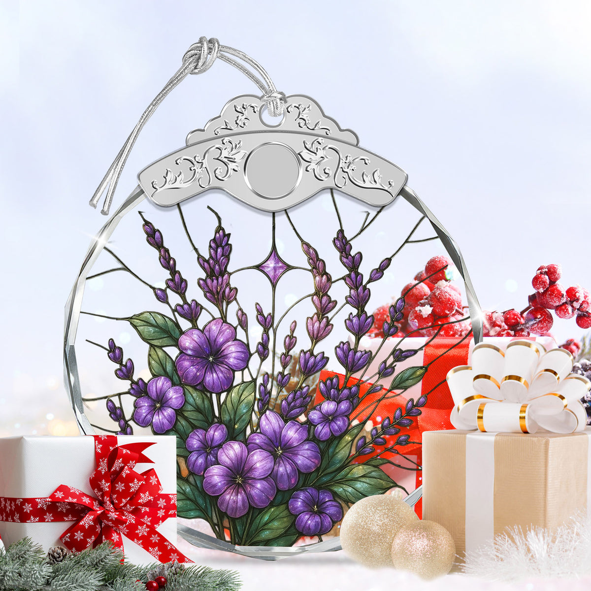 Purple Bauhinia & Violets Christmas Ornaments – Stained Glass Ornament — view 6