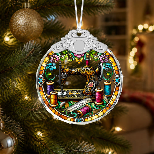 Vintage Sewing Machine Glass Ornament – Floral Inspired Keepsake for Quilters, — view 2