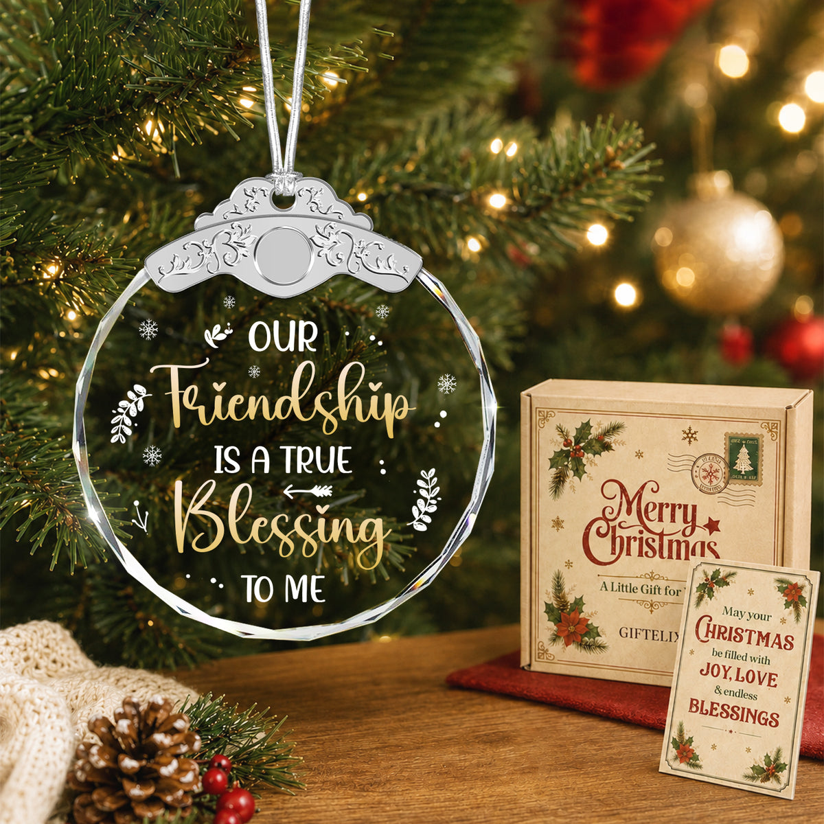 Our Friendship Is a True Blessing to Me Message Keepsake – Glass Ornament