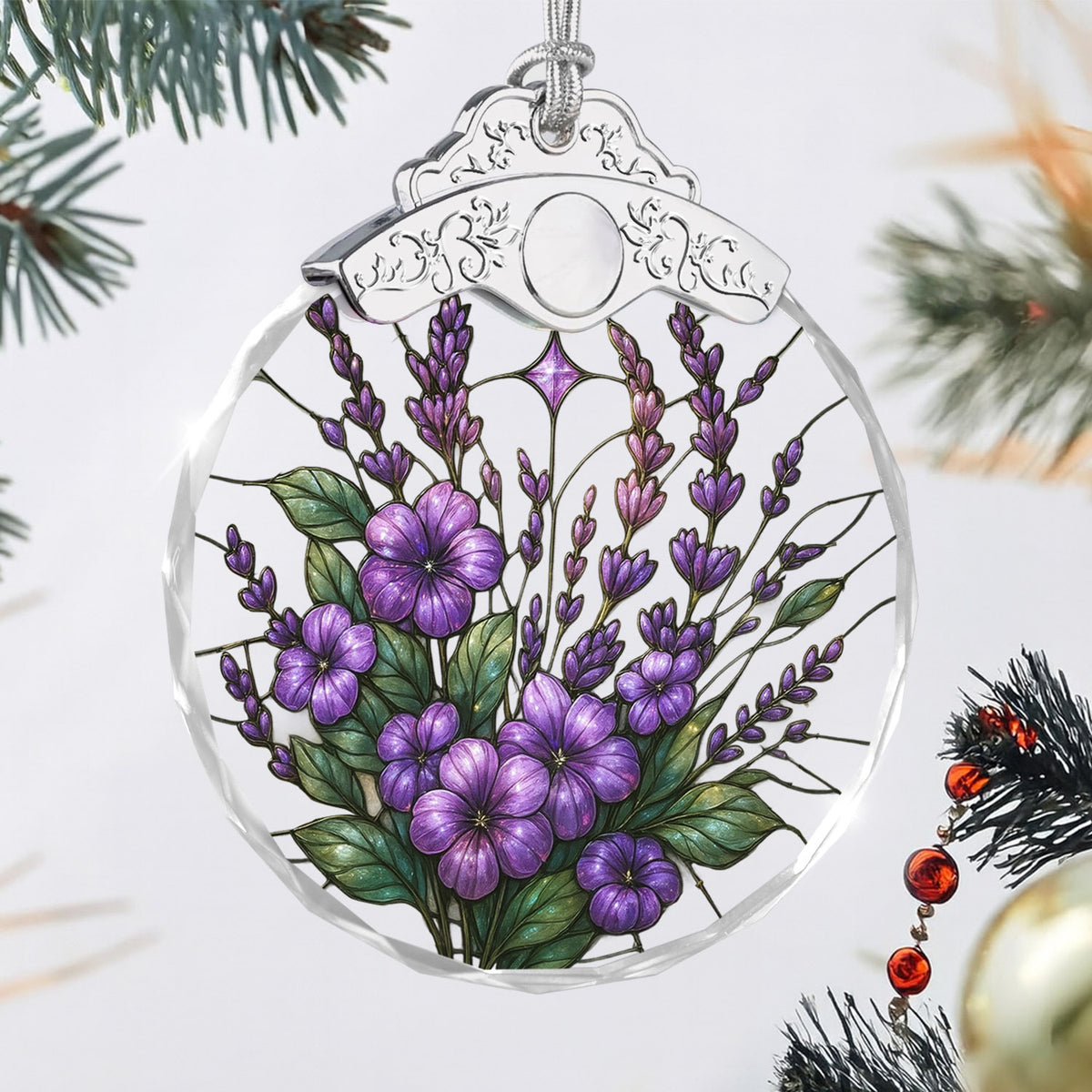 Purple Bauhinia & Violets Christmas Ornaments – Stained Glass Ornament — view 3