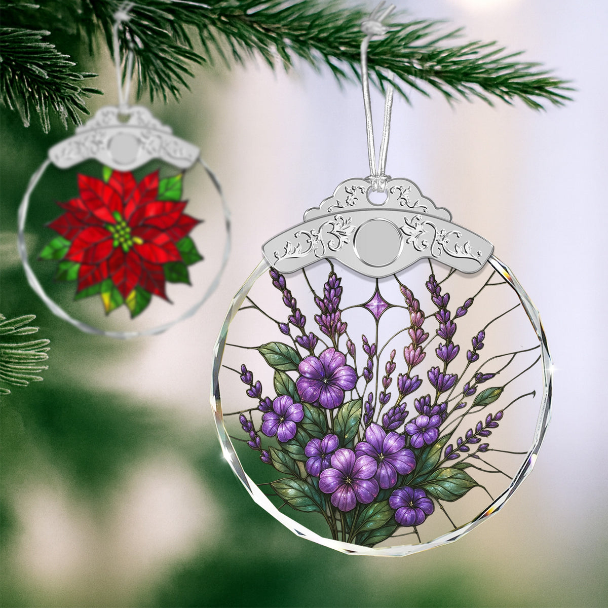 Purple Bauhinia & Violets Christmas Ornaments – Stained Glass Ornament — view 4