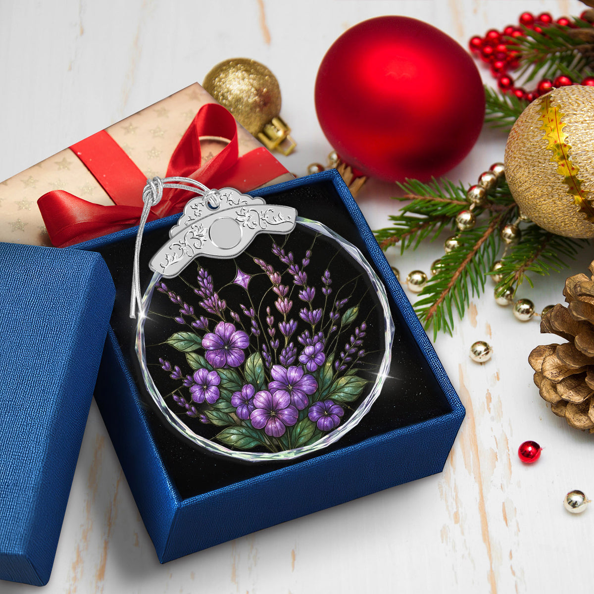 Purple Bauhinia & Violets Christmas Ornaments – Stained Glass Ornament — view 5