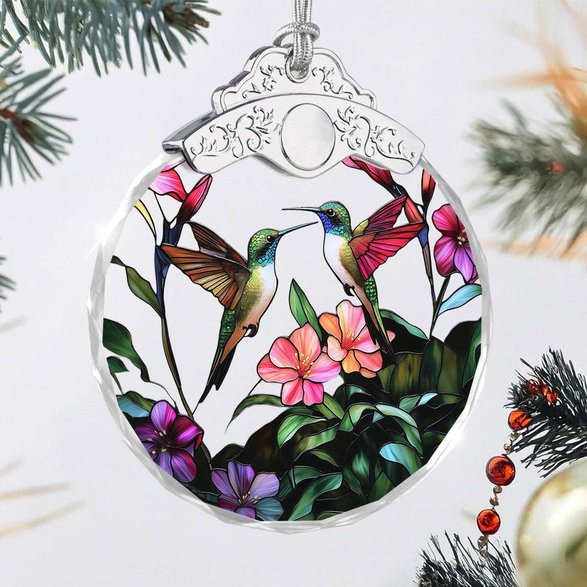 Hummingbird And Flowers Christmas Ornaments – Stained Glass Ornament — view 3