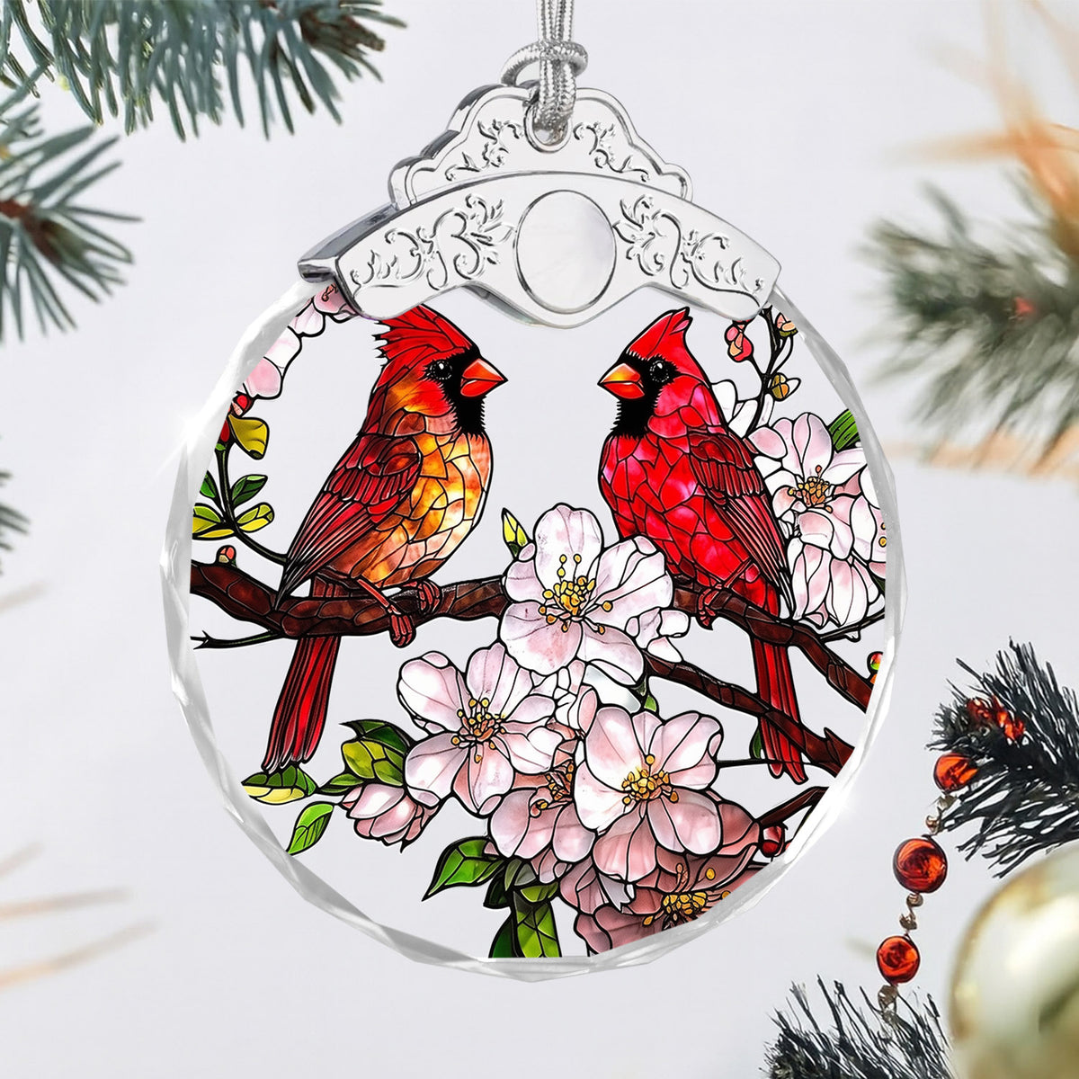 Cardinal Birds & Flowers Christmas Ornaments – Stained Glass Ornament — view 3