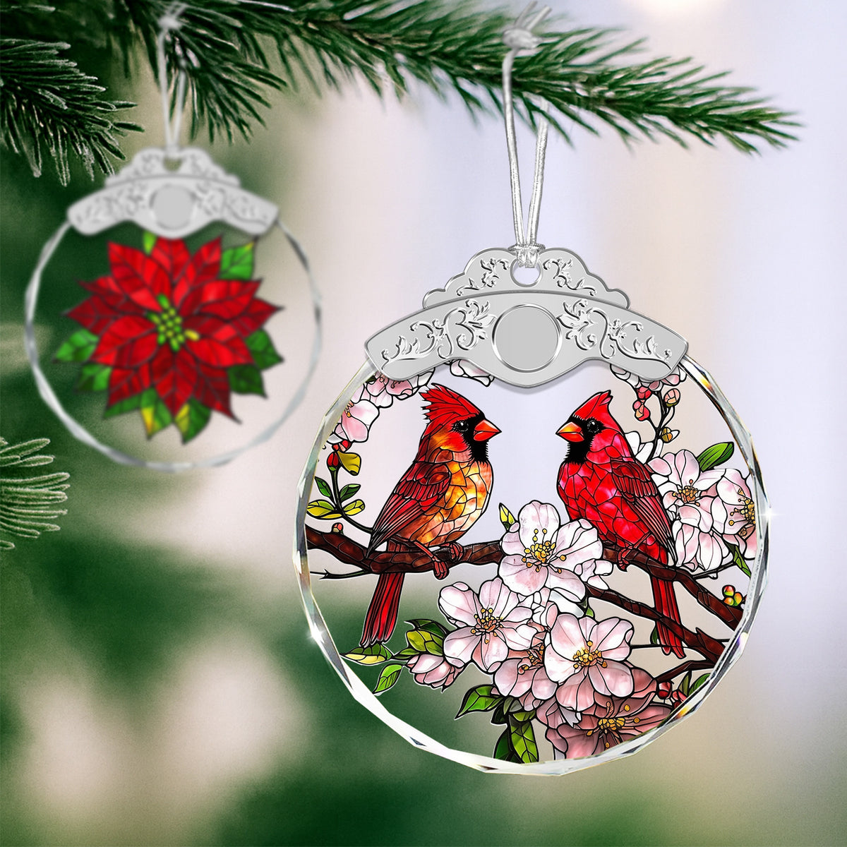 Cardinal Birds & Flowers Christmas Ornaments – Stained Glass Ornament — view 4