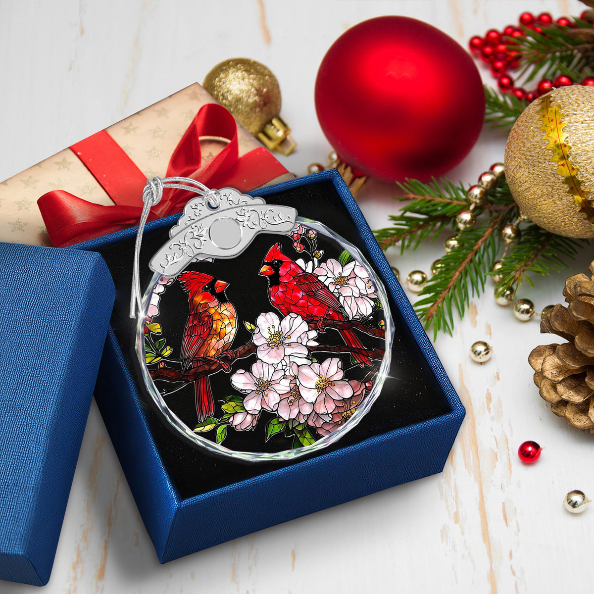 Cardinal Birds & Flowers Christmas Ornaments – Stained Glass Ornament — view 5