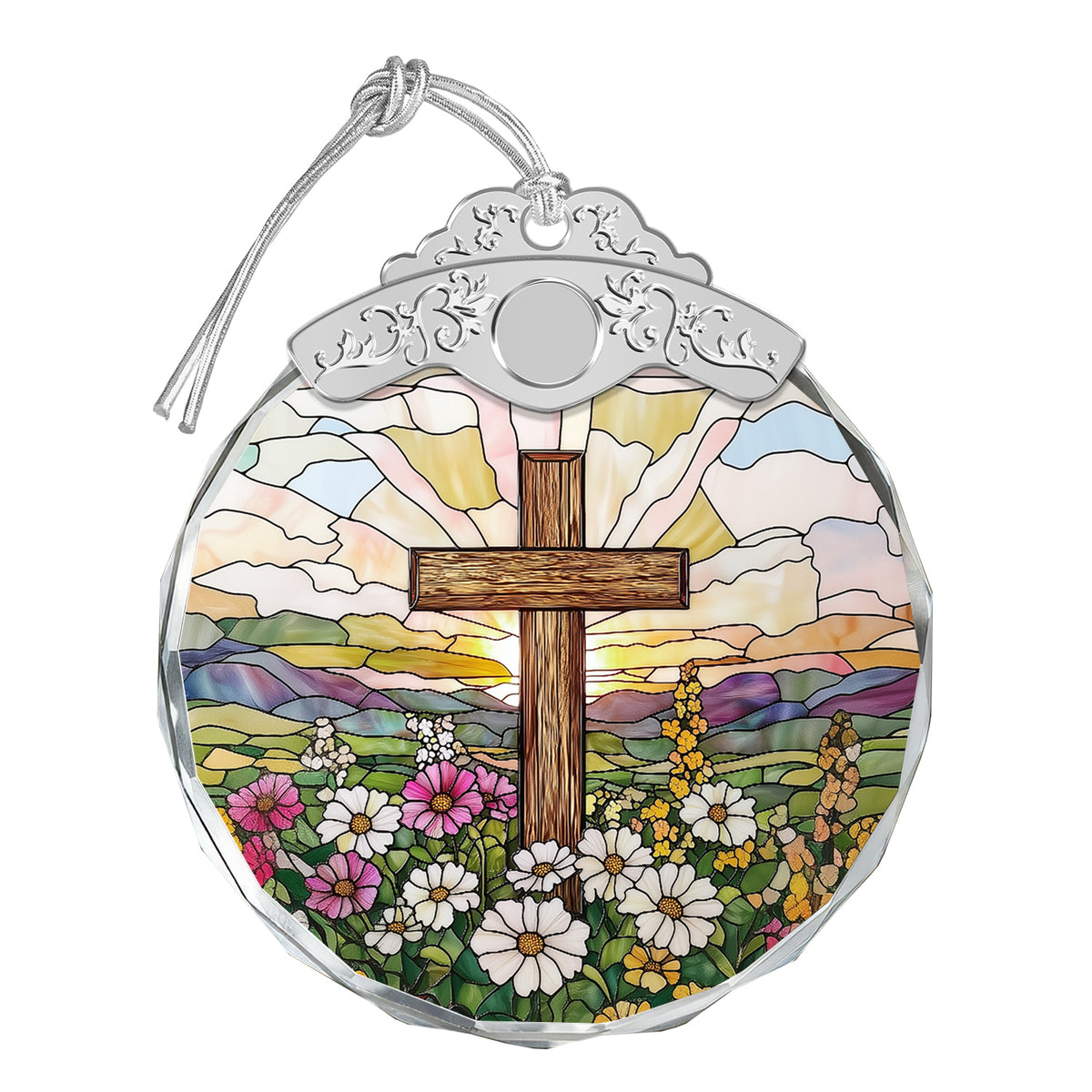 Cross & Wild Flowers Christmas Ornaments – Stained Glass Ornament