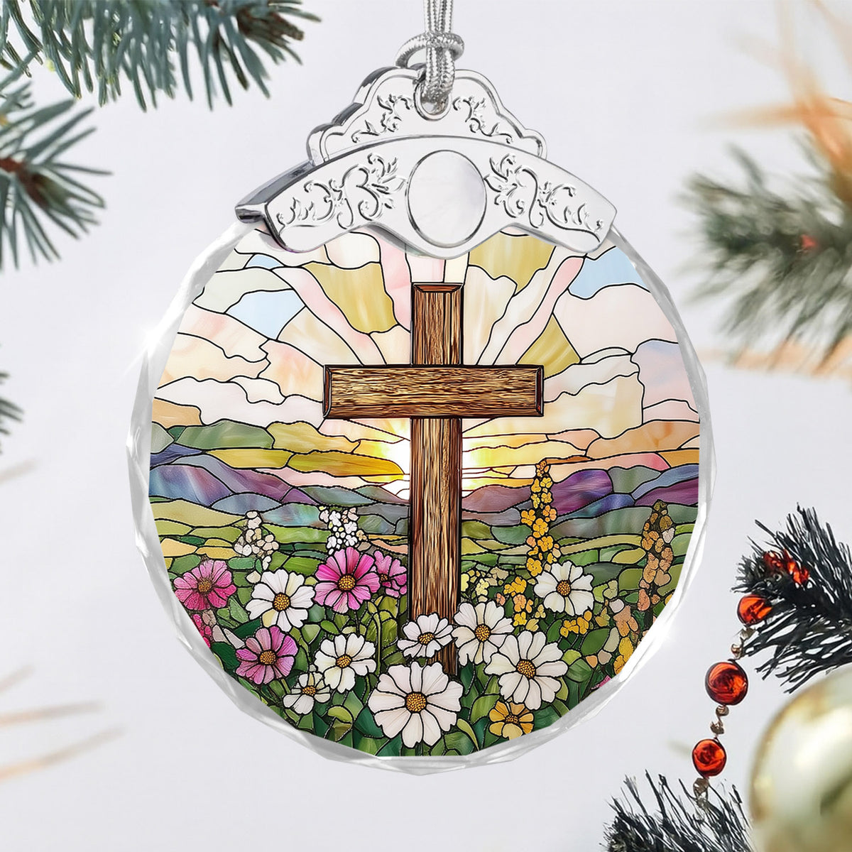 Cross & Wild Flowers Christmas Ornaments – Stained Glass Ornament — view 3