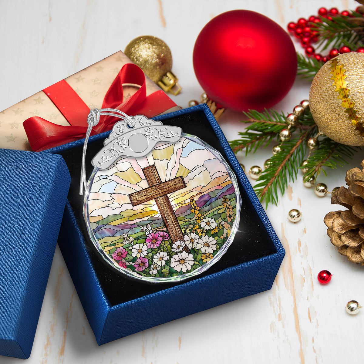 Cross & Wild Flowers Christmas Ornaments – Stained Glass Ornament — view 5