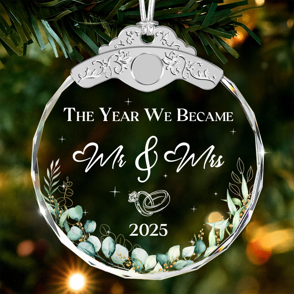 Mr & Mrs 2025 Wreath Leaf Wedding Ornaments – Glass Ornament — view 2