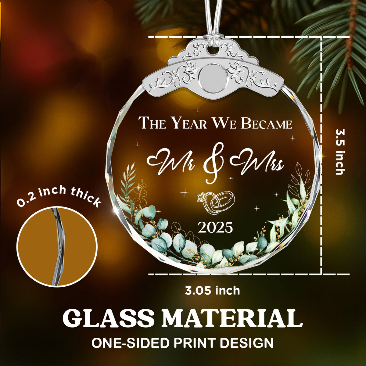Mr & Mrs 2025 Wreath Leaf Wedding Ornaments – Glass Ornament — view 3