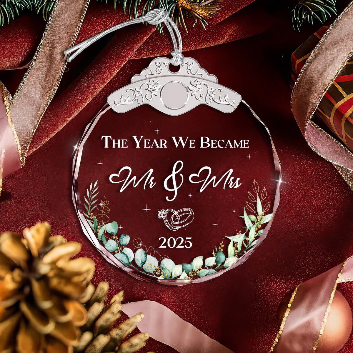 Mr & Mrs 2025 Wreath Leaf Wedding Ornaments – Glass Ornament — view 4