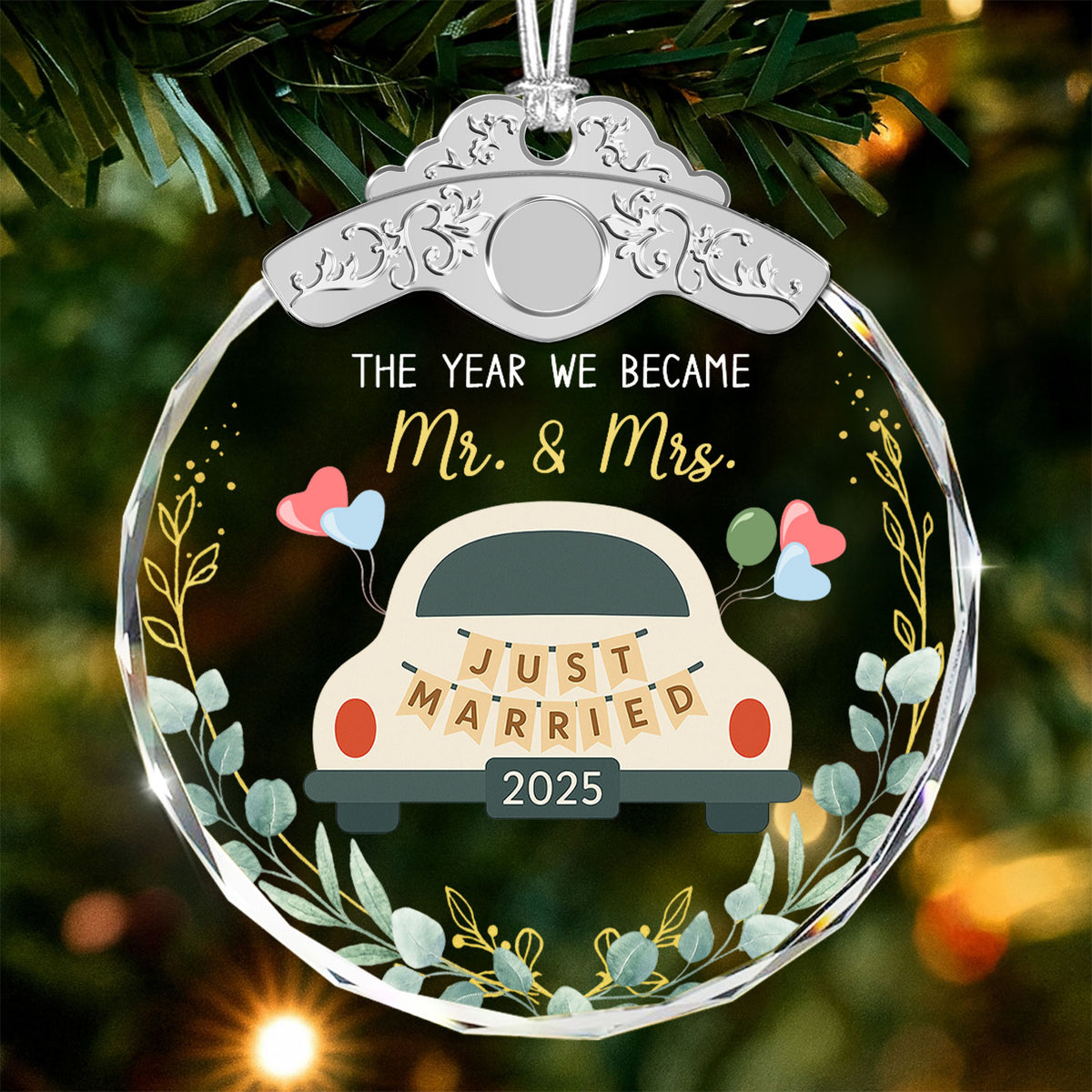 Just Married 2025 Car Wedding Decoration – Glass Ornament — view 2