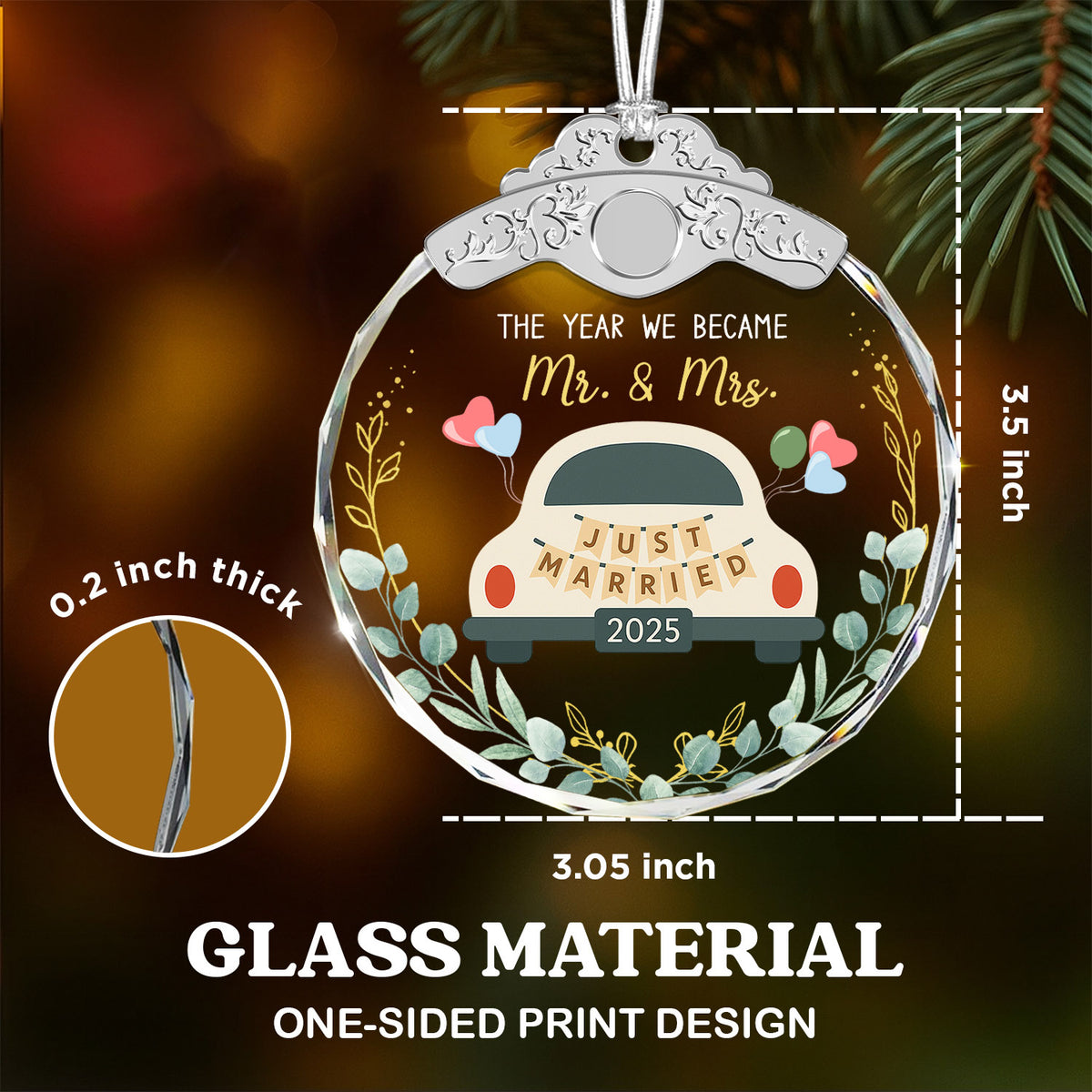 Just Married 2025 Car Wedding Decoration – Glass Ornament — view 3