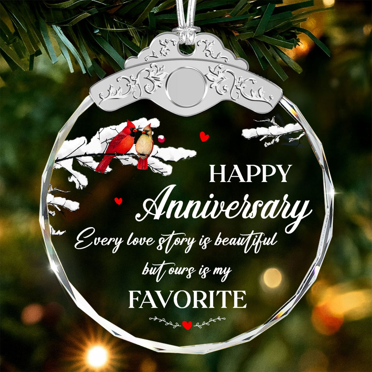 Happy Anniversary Cardinal Gift – Christmas Glass Ornament — view 2