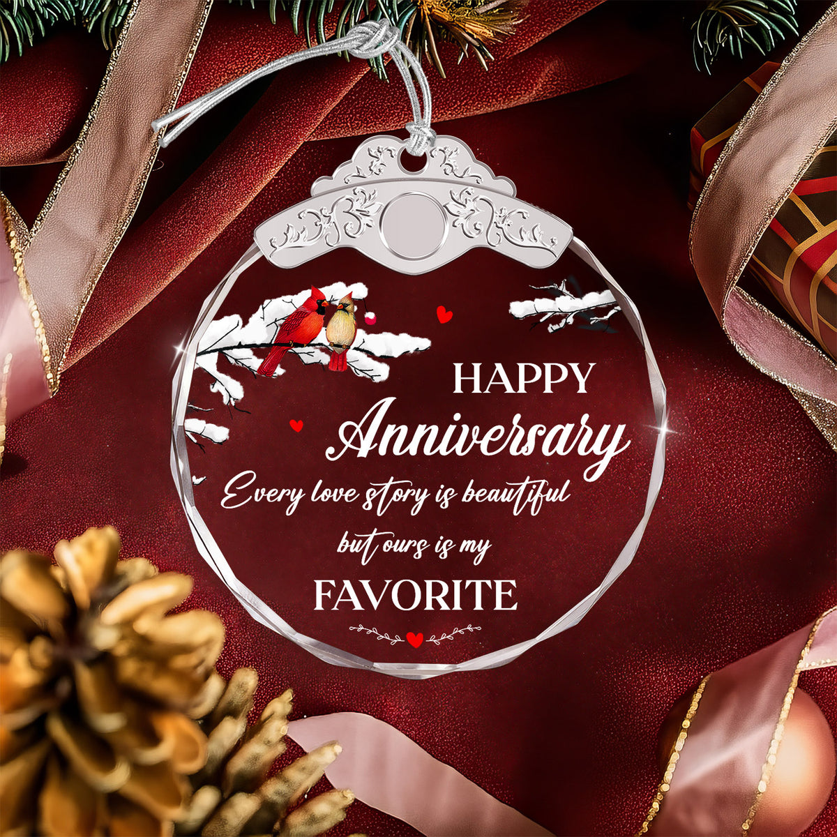 Happy Anniversary Cardinal Gift – Christmas Glass Ornament — view 4