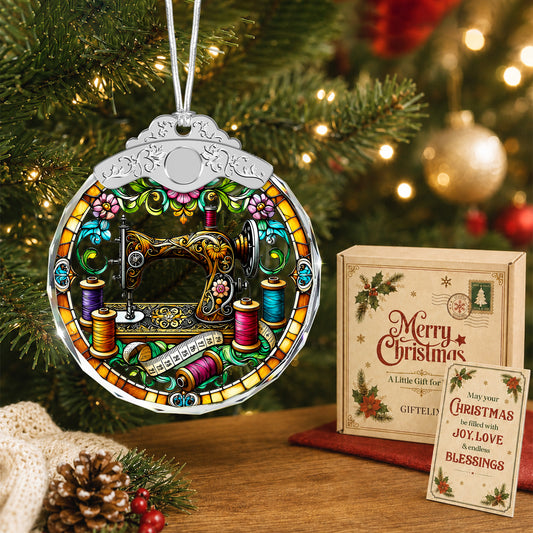 Vintage Sewing Machine Glass Ornament – Floral Inspired Keepsake for Quilters,