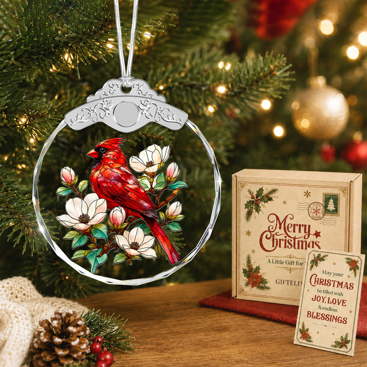 Cardinal Glass Ornament – Red Bird Tribute Decoration for Family Member,