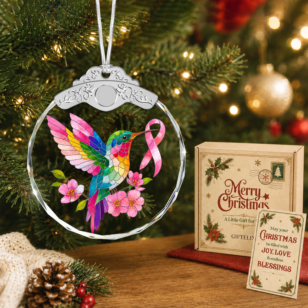 Hummingbird Breast Cancer Awareness Glass Ornament – Pink Ribbon Survivor