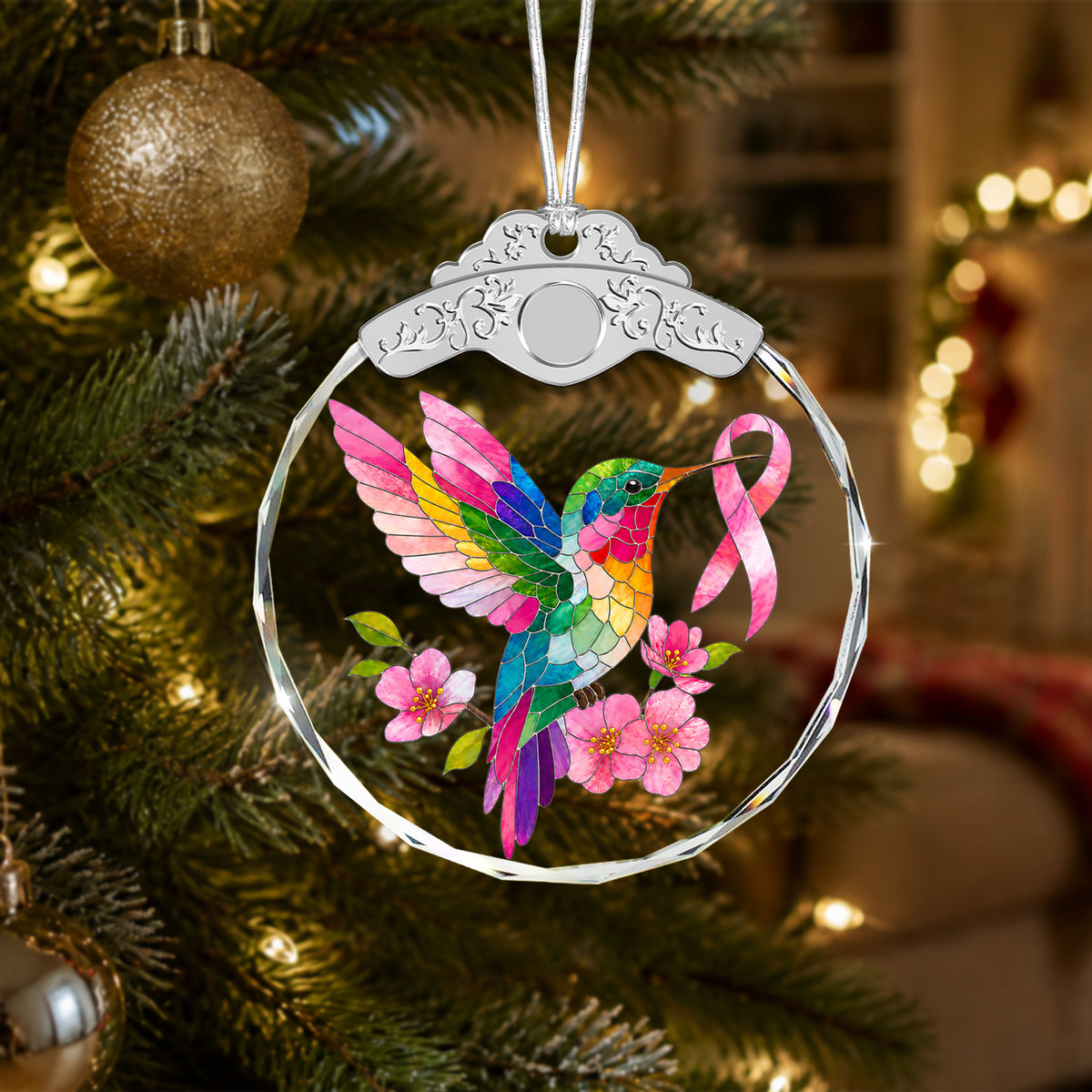 Hummingbird Breast Cancer Awareness Glass Ornament – Pink Ribbon Survivor — view 2