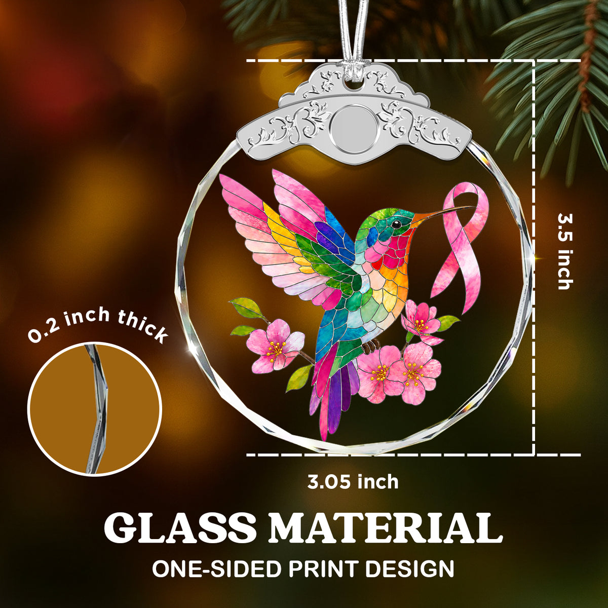 Hummingbird Breast Cancer Awareness Glass Ornament – Pink Ribbon Survivor — view 3