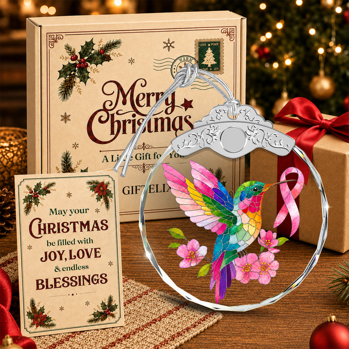 Hummingbird Breast Cancer Awareness Glass Ornament – Pink Ribbon Survivor — view 4
