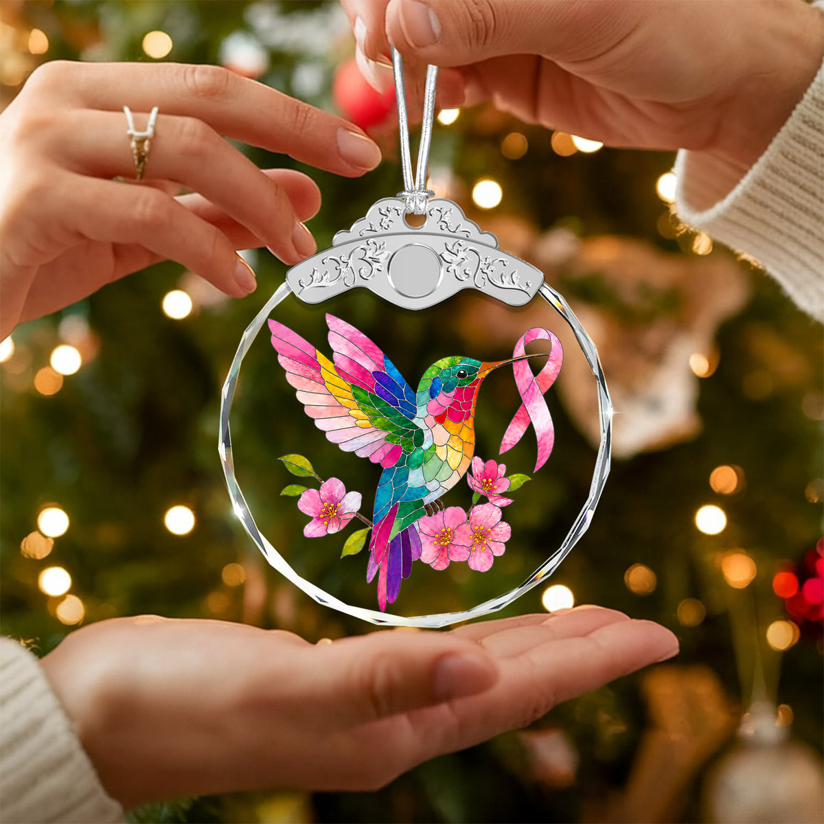 Hummingbird Breast Cancer Awareness Glass Ornament – Pink Ribbon Survivor — view 5