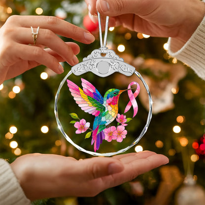 Hummingbird Breast Cancer Awareness Glass Ornament – Pink Ribbon Survivor — view 5