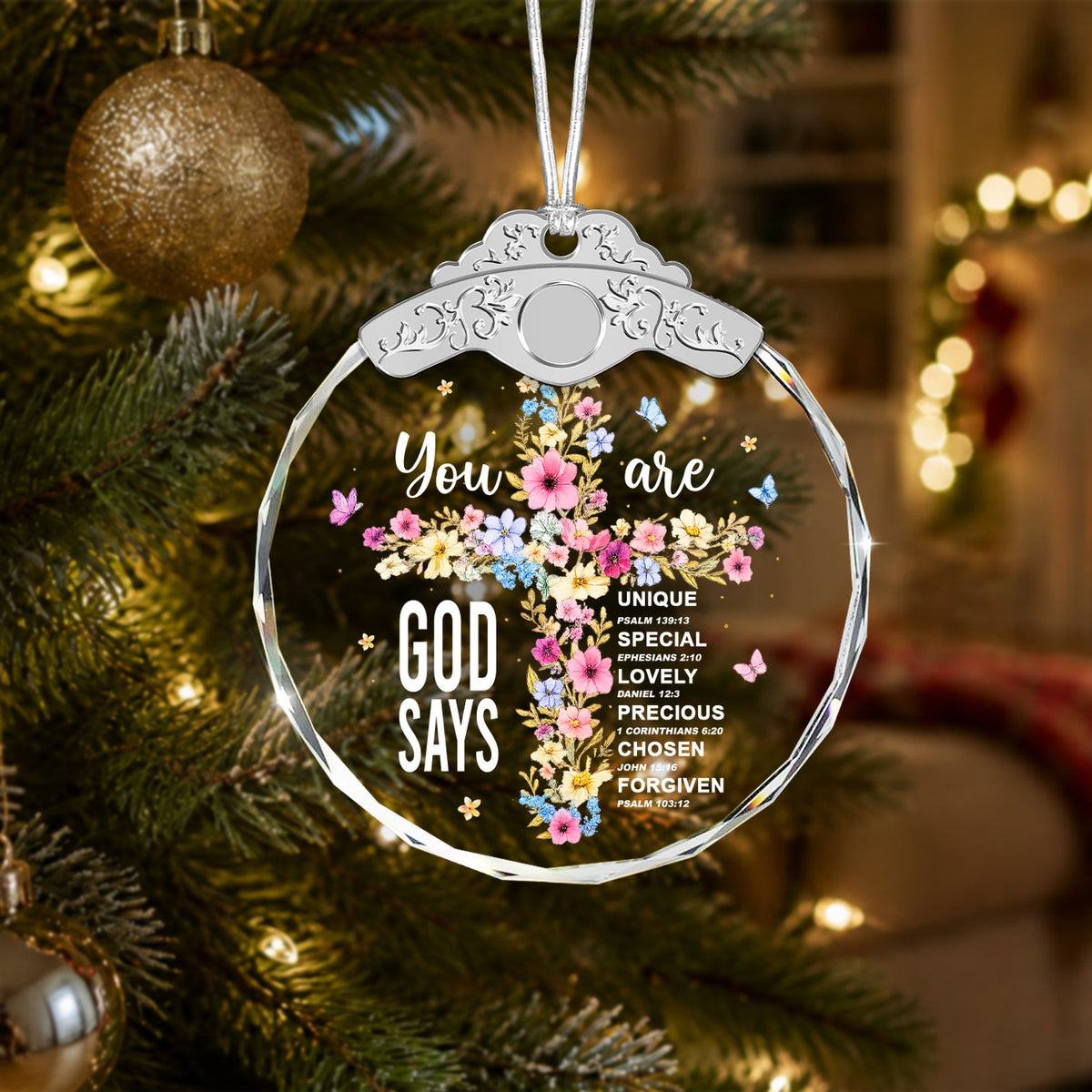 God Says You Are Loved, Chosen & Blessed – Glass Ornament — view 2