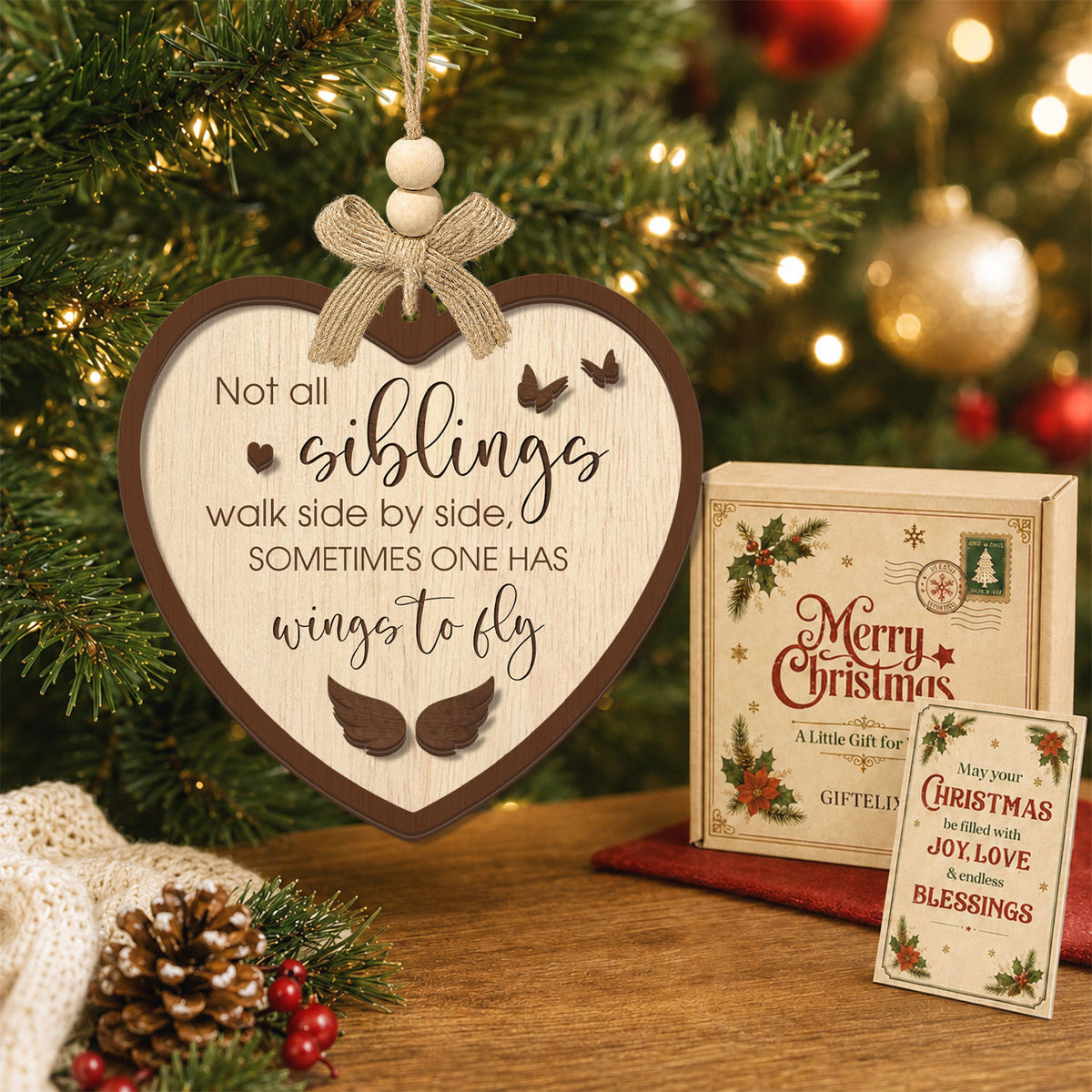 Sibling Memorial Christmas Gift – 2 Layer Wooden Ornament