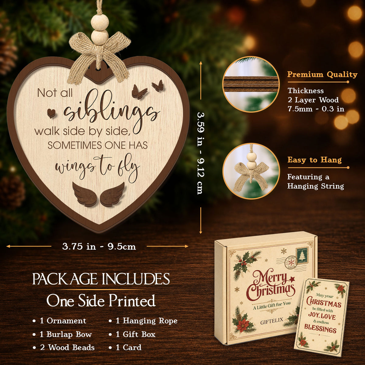 Sibling Memorial Christmas Gift – 2 Layer Wooden Ornament — view 2