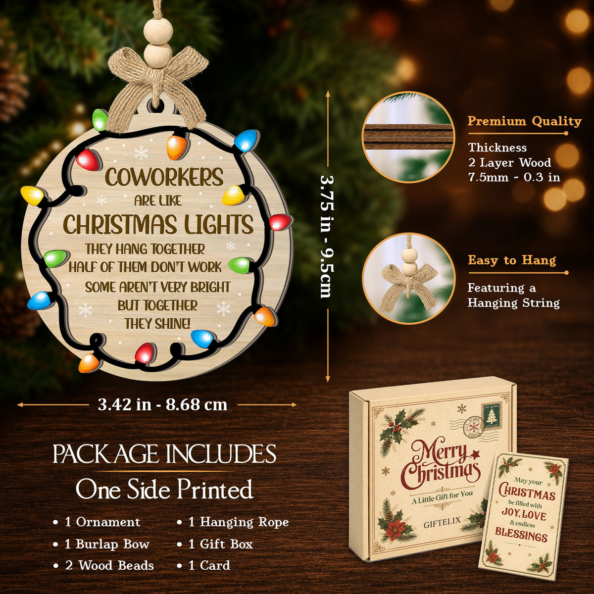 Coworker Christmas Gift – 2 Layer Wooden Ornament — view 2