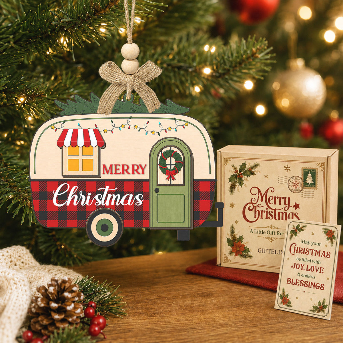 Happy Camper Christmas Gift – 2 Layer Wooden Ornament