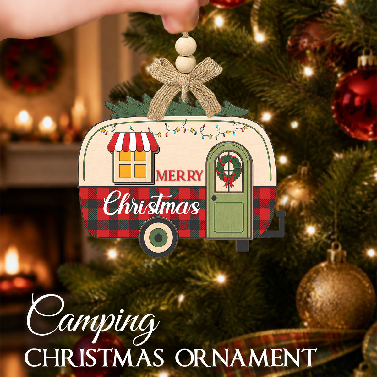 Happy Camper Christmas Gift – 2 Layer Wooden Ornament — view 3
