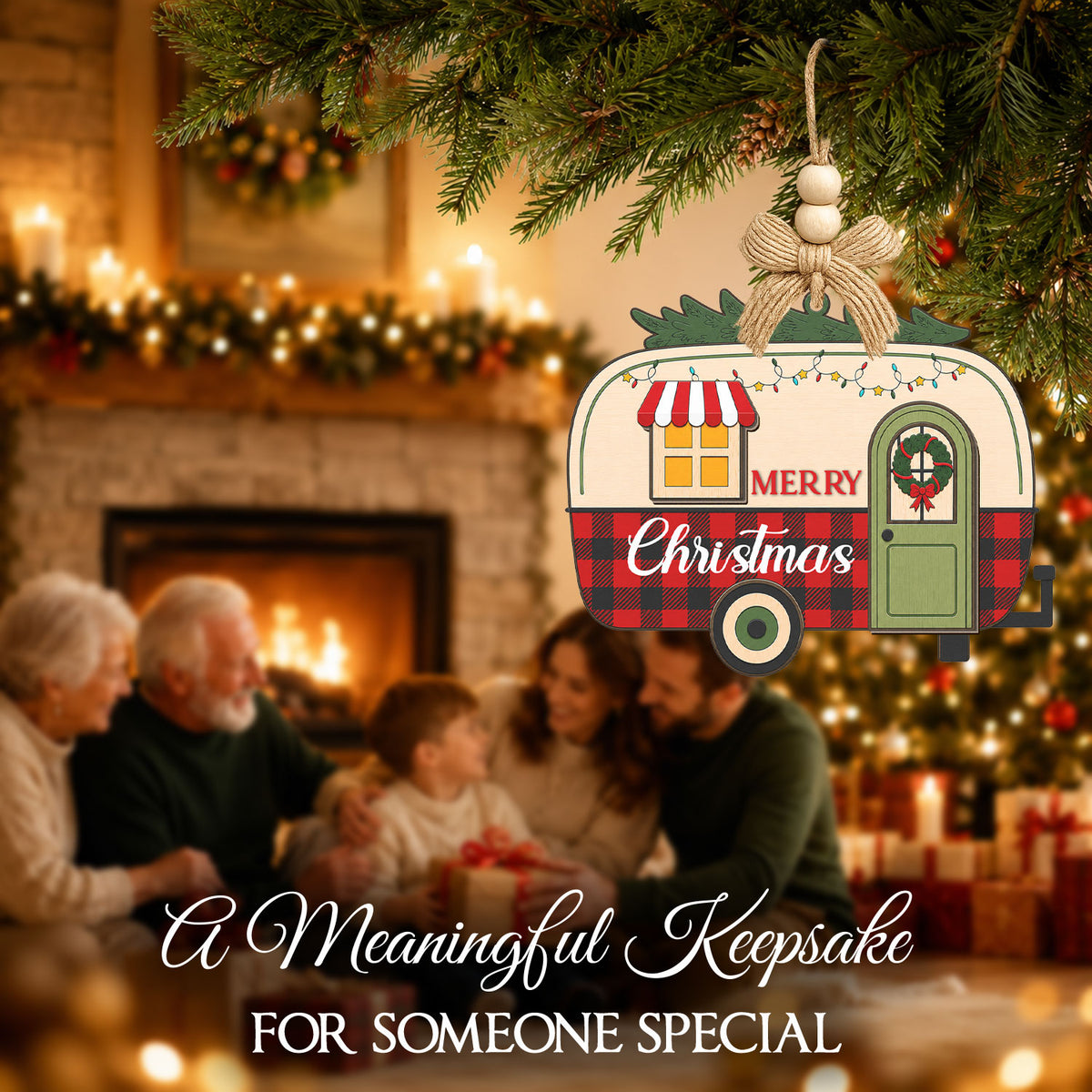 Happy Camper Christmas Gift – 2 Layer Wooden Ornament — view 4