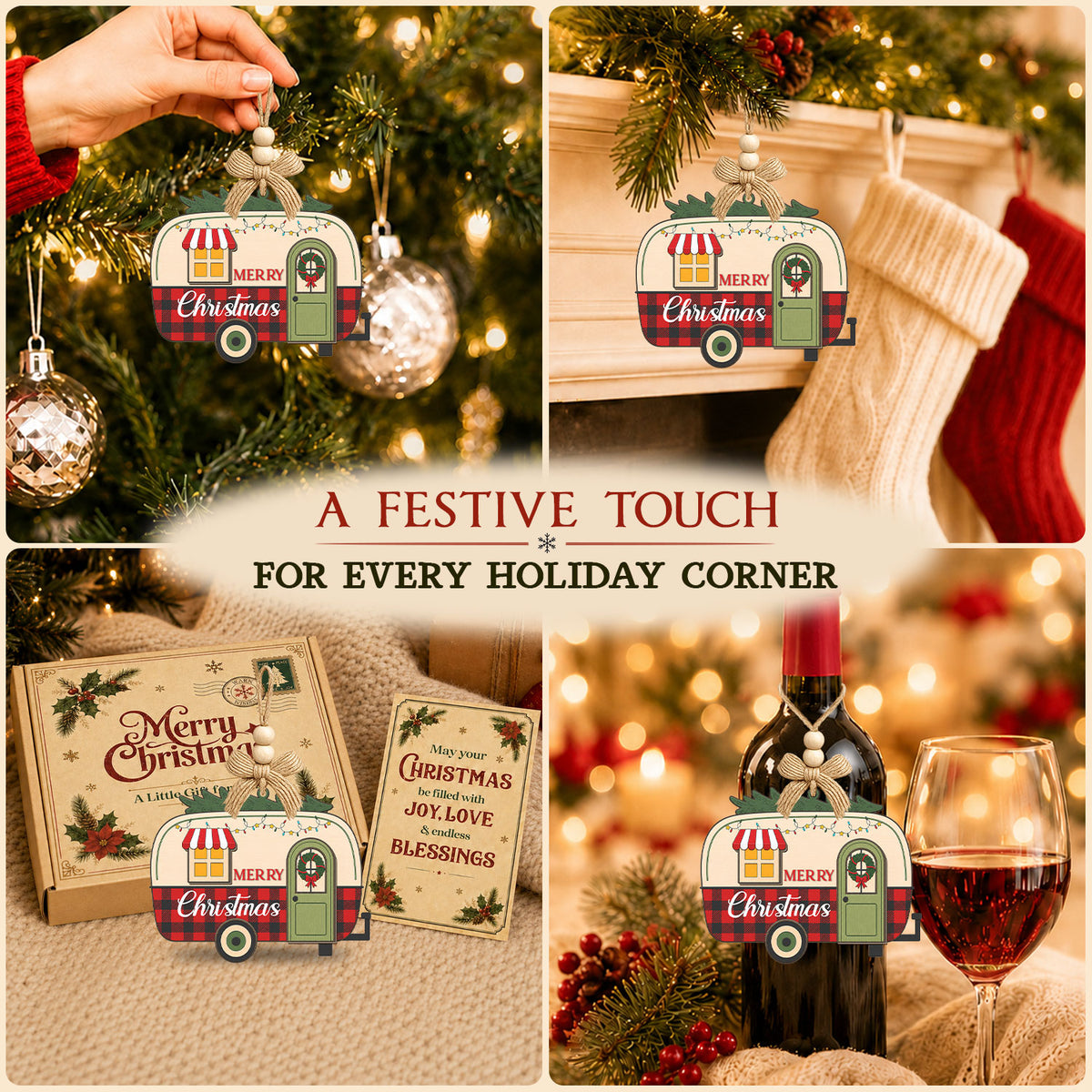 Happy Camper Christmas Gift – 2 Layer Wooden Ornament — view 5