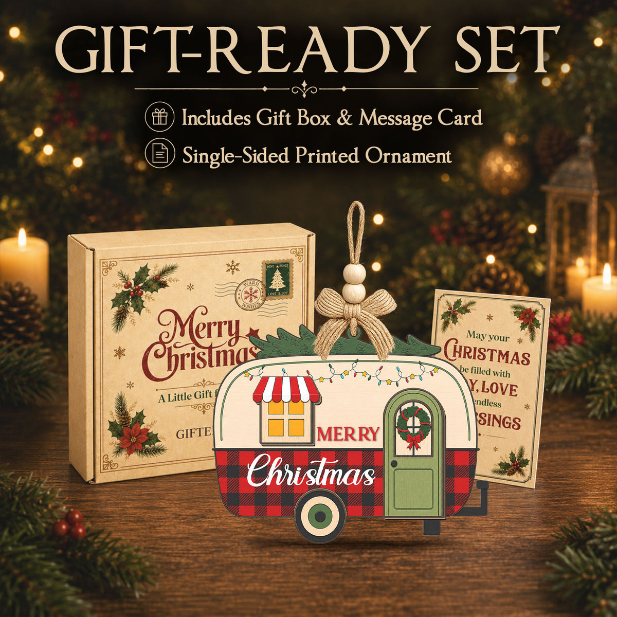 Happy Camper Christmas Gift – 2 Layer Wooden Ornament — view 6