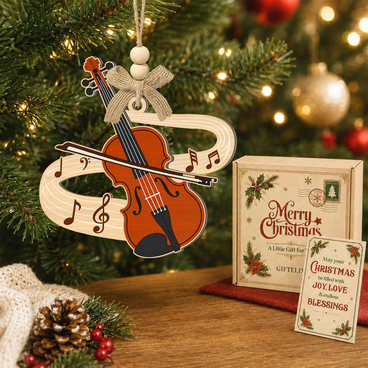 Violin Christmas Ornament – 2 Layer Wooden Ornament