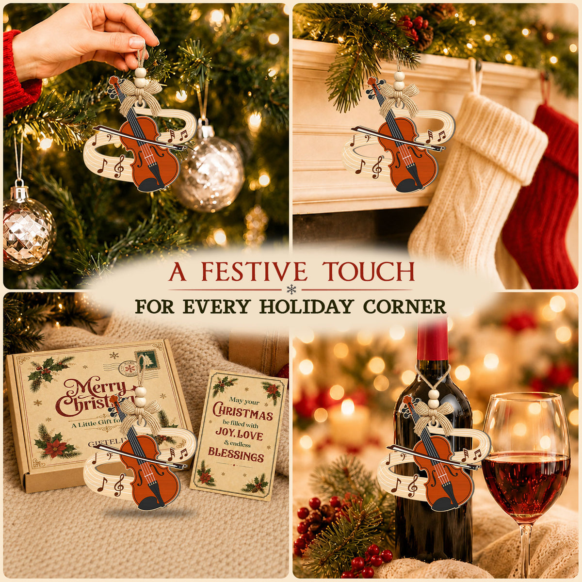 Violin Christmas Ornament – 2 Layer Wooden Ornament — view 5