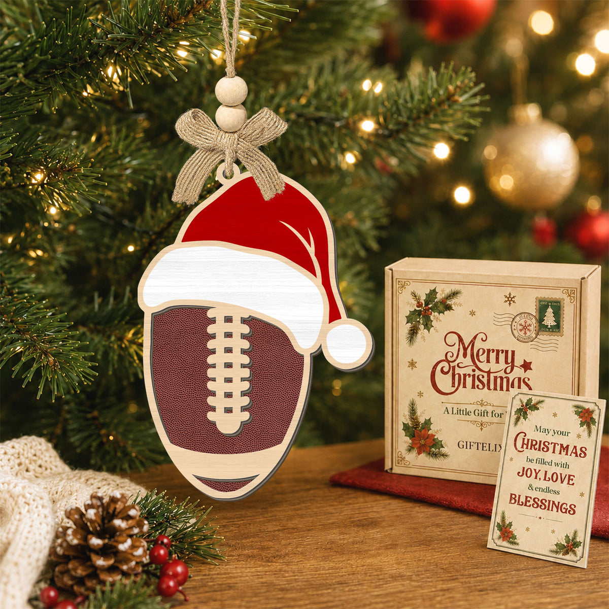Football Ornaments for Christmas Tree – 2 Layer Wooden Ornament