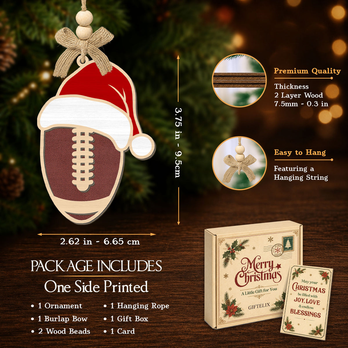 Football Ornaments for Christmas Tree – 2 Layer Wooden Ornament — view 2