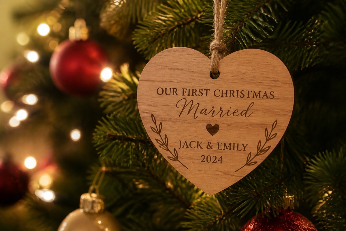 Our First Christmas Married Ornaments — a personalized Christmas ornament